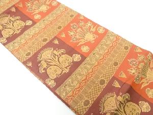 向かい鳥に草花模様織出し袋帯